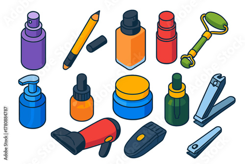 Colorful Grooming Essentials Icons. Isometric vector illustration set Makeup, Skincare, and Grooming: setting spray bottle, brow