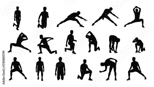 People stretching and exercise silhouettes isolated on transparent background, Vector