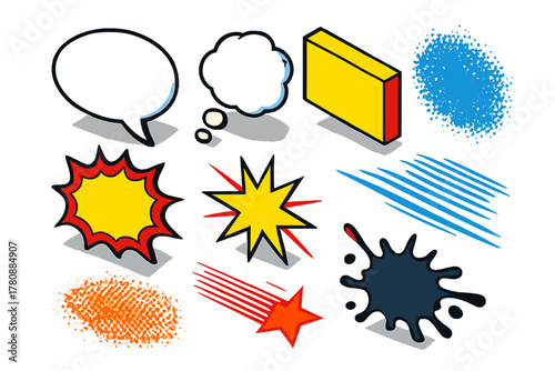 Vibrant Comic Elements. Isometric vector illustration set Comic book elements – speech bubble, thought balloon, caption box;