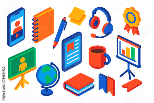 Online Education Toolkit. Isometric vector illustration set Online Education and Learning Tools: smartphone with course video,