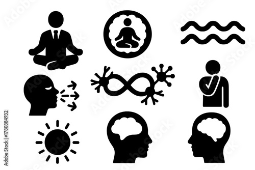 Mindful Neuroleadership Icons. Solid style icons of mindfulness in neuroleadership: meditating leader icon, mindful brain badge,