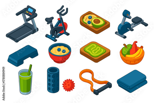 Healthy Lifestyle Icons. Isometric vector illustration set Healthy Lifestyle: treadmill, exercise bike, rowing machine, step