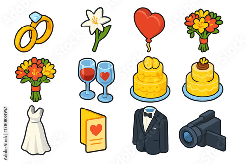 Wedding Celebration Icons. Isometric vector illustration set rings, flowers, heart, toast, cake, card, dress, camera: solitaire