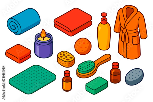 Bath Essentials Icons. Isometric vector illustration set featuring towel, candle, and bath supplies: rolled bath towel, folded