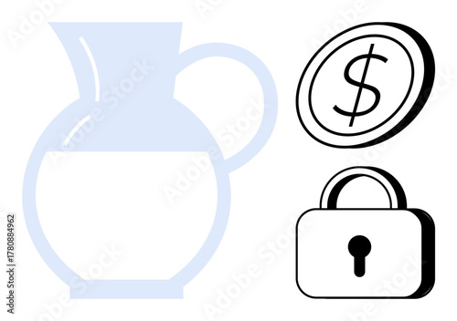 Minimalist pitcher denotes resources or liquidity, coin suggests wealth or savings, and padlock symbolizes security. Ideal for finance, savings, investment, resources, safety, wealth simple flat