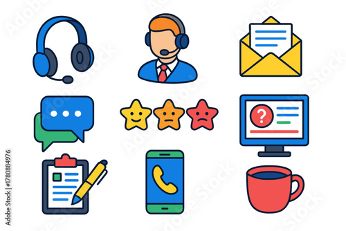 Customer Support Essentials. Isometric vector illustration set headset, support agent, email, messaging, feedback, inquiry: