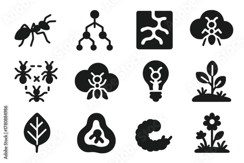 Insect Iconography. Solid style icons of Insect inspiration: ant sketch, colony diagram, tunnel layout, teamwork plan, creative