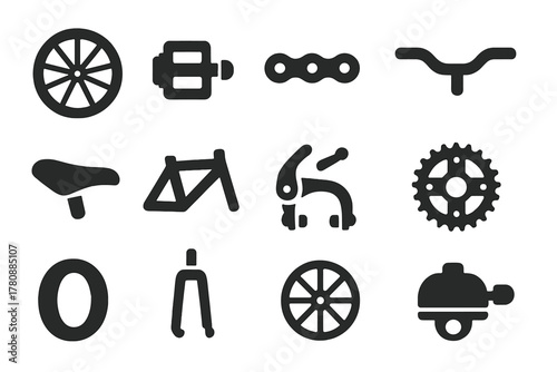 Bicycle Parts Icons. Solid style icons of Bicycle parts: wheel, pedal, chain, handlebar, saddle, frame, brake, gear, tire, fork,