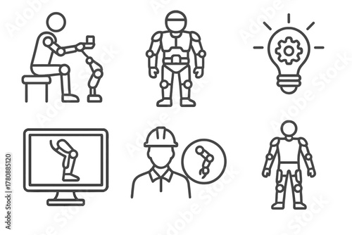 Wearable Robotics Icons. Line style icons of wearable robotics development: prototype testing icon, lab exo suit, innovation badge