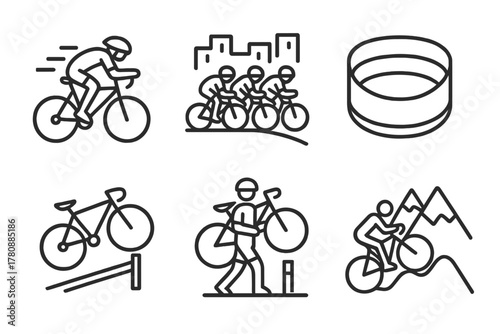 Bicycle Race Icons. Line style icons of bicycle competitions: time trial cyclist, criterium race, velodrome icon, cyclocross bike,