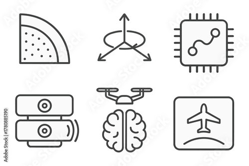 Flying Taxi Components Icons. Line style icons of autonomous flying taxi components: radar sensor dot grid, gyroscope axis icon,