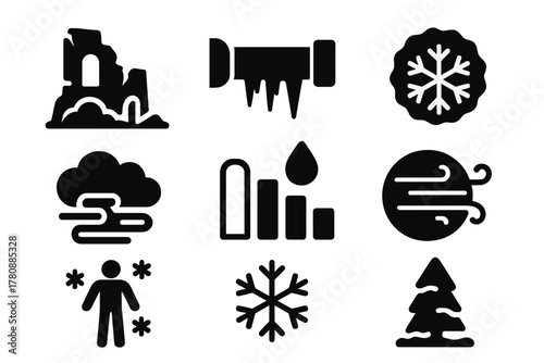 Cold Zone Icons. Solid style icons of cold zone climate visuals: frost over ruins glyph, icy pipe icon, chill badge. Fog ring,