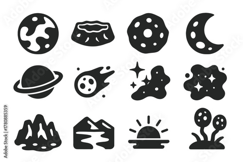 Alien Planet Icons. Solid style icons of Planetary and space environment: alien planet, crater, asteroid, moon, rings, comet,