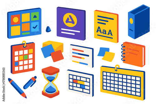 Vibrant Branding Tools. Isometric vector illustration set branding and planning: mood board collage, logo design sheet, brand tone