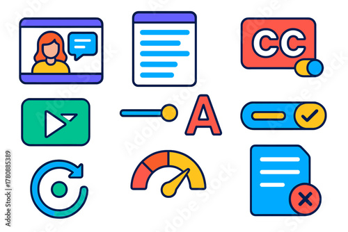 Virtual Meeting UI Icons. Isometric vector illustration set Virtual meetings – closed captions bar, live transcription panel, CC