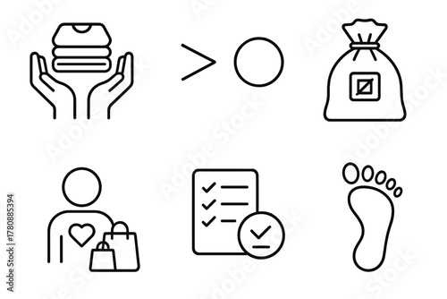 Minimalist Icons Collection. Line style icons of minimalist mindset: donate pile icon, “less is more” symbol, declutter bag,