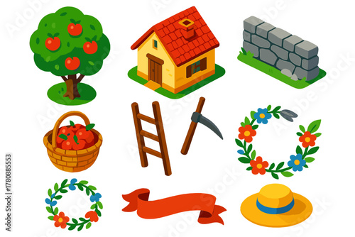 Classic Rustic Icons. Isometric vector illustration set Classic literature – orchard grove, rustic cottage, stone wall; basket of