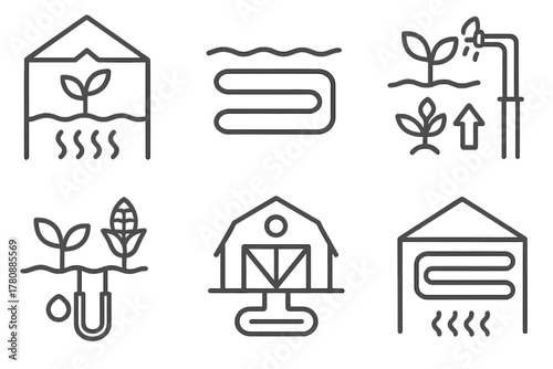 Geothermal Agriculture Icons. Line style icons of geothermal in agriculture: greenhouse with ground heat, soil warming coil,