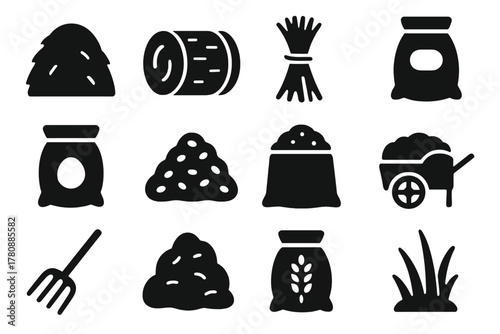 Hay and Feed Icons. Solid style icons of Hay and feed: haystack, bale, straw bundle, feed sack, grain bag, corn pile, silage, hay