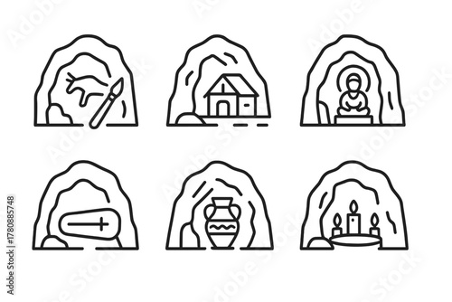 Cultural Cave Icons. Line style icons of cultural cave use: prehistoric cave painting, ancient shelter, sacred shrine, burial site