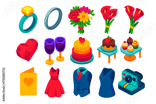 Wedding Icons Collection. Isometric vector illustration set rings, flowers, heart, toast, cake, card, dress, camera: cushion cut