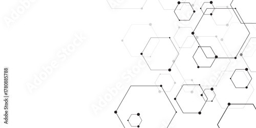 Molecular structure abstract tech background. Geometric white background. Vector banner design with hexagons. Science network pattern, connecting lines and dots Medical background, Vector illustration