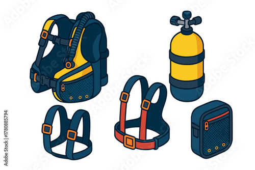 Underwater Diving Equipment. Isometric vector illustration set Underwater diving gear – dive backpack, cam-strap, gear loops; tank