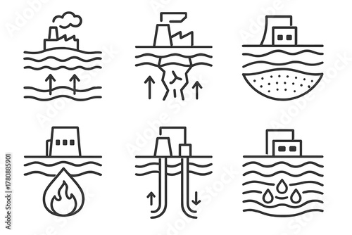 Geothermal Resource Icons. Line style icons of geothermal resource types: hydrothermal system, hot dry rock, geopressured