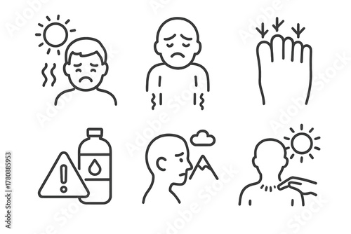 Environmental Safety Icons. Line style icons of environmental hazard care: heat stroke icon, hypothermia figure, frostbite toes,