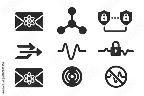 Quantum Communication Icons. Solid style icons of quantum communication: entangled message packet, quantum network node, secure