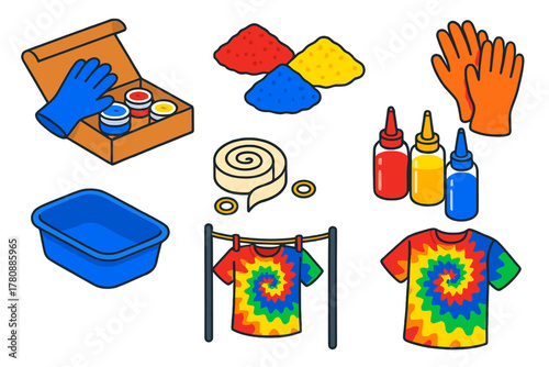 DIY Tie-Dye Essentials. Isometric vector illustration set Sustainable fashion – DIY tie-dye kit, natural pigment powders, rubber