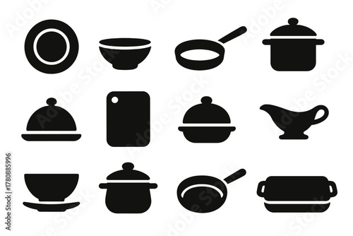 Kitchenware Silhouette Icons. Solid style icons of Kitchen and dishes: plate, bowl, pan, pot, serving platter, cutting board, dish