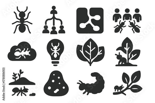 Insect Iconography. Solid style icons of Insect inspiration: ant sketch, colony diagram, tunnel layout, teamwork plan, creative