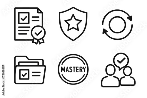 Icons of Mastery Verification. Line style icons of mastery verification: pass icon with proof, skill badge earned, test retake