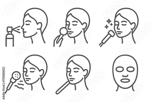 Cryo Facial Therapy Icons. Line style icons of cryo facial therapy types: nitrogen-based blast, ice globe massage, CO2 oxygen