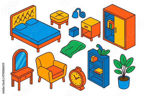 Colorful Bedroom Icons. Isometric vector illustration set bedroom elements collection: upholstered bed frame, headboard with