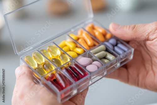 Hands opening daily pill organizer with softgel capsules and chewable tablets concept of structured modern supplement routine