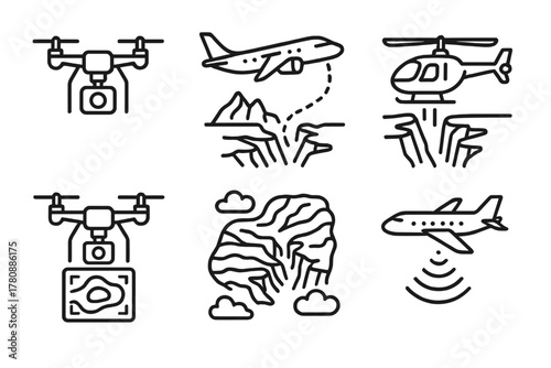 Glacier Research Icons. Line style icons of aerial glacier research: research drone with camera, airplane ice scanning route,
