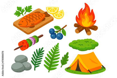 Nature's Gourmet Adventure. Isometric vector illustration set featuring food and nature: grilled fish, lemon wedges, leafy herbs,
