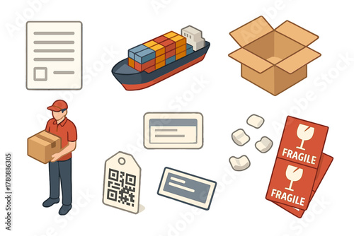 Logistics and Delivery Isometric. Isometric vector illustration set of Logistics and Delivery: shipping manifest, cargo ship, open