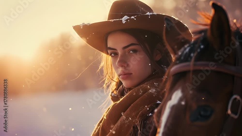 A vivid portrayal of a young woman in a snowy setting, with a warm, golden hue dominating the scene. She wears a brown hat adorned with snowflakes.