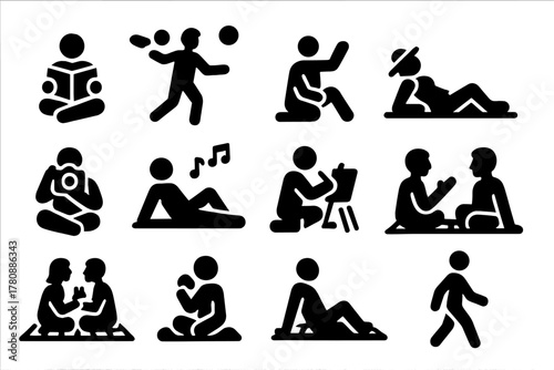 Picnic Activity Icons. Solid style icons of Picnic activities: reading book, playing frisbee, throwing ball, sunbathing, taking