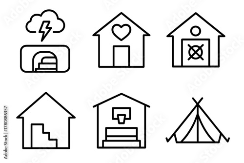 Shelter Icons. Line style icons of shelter and safe zones: storm shelter icon, community center refuge, indoor safe room, basement