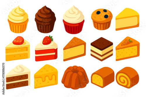 Vibrant Sweet Treats. Isometric vector illustration set sweet treats collection: vanilla cupcake, chocolate cupcake, red velvet
