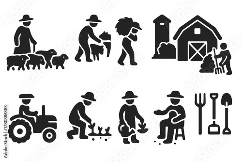 Farm Life Icons. Solid style icons of Farm lifestyle: shepherd, walking flock, feeding animals, carrying hay, working barn, riding