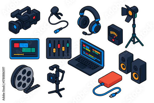 Editing Tools Icon Set. Isometric vector illustration set Video and Audio Editing Tools: broadcast camera, lavalier mic, studio