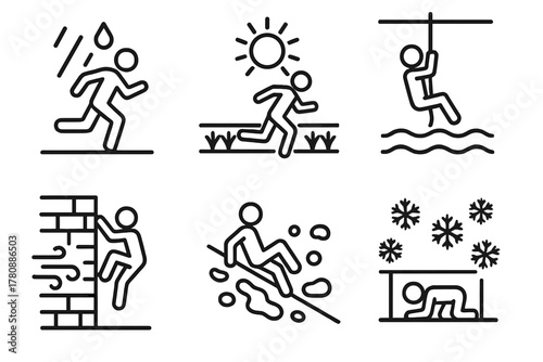 OCR Weather Icons. Line style icons of OCR weather conditions: rainy course drop, sunny field run, foggy rope swing, windy wall