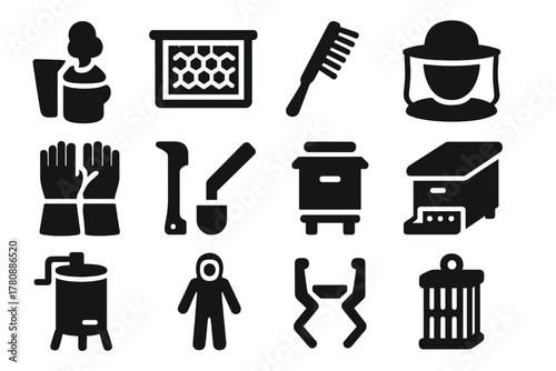 Bee Farming Essentials. Solid style icons of Bee farming tools: smoker, hive frame, bee brush, veil, gloves, hive tool, feeder,