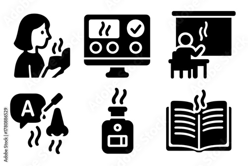 Scent-Enabled Learning Tools. Solid style icons of scent-enabled education: learning with fragrance, scent quiz panel, classroom