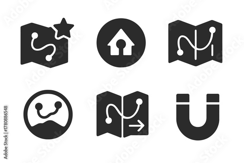 Roadside Attraction Icons. Solid style icons of roadside attraction maps: travel route glyph, tourist stop icon, dot badge. Path